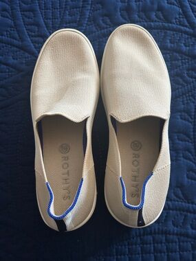 Rothy's Slip-On Flats in Beige with Blue Trim